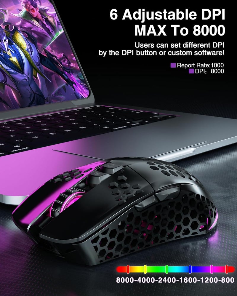 SOLAKAKA SM600 Honeycomb Shell Gaming Mouse Wireless,Tri-Modes BT5.1/2.4G Wireless/Type-C Wired Gamer Mouse with 2 Side Buttons, Macro Programmable and RGB Light for PC/Mac/Laptop,Black - Image 5